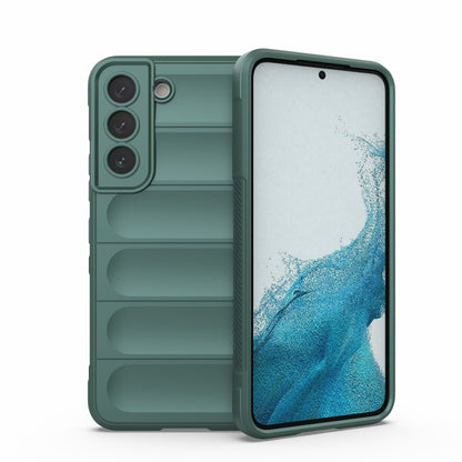Green rugged phone case with front cover and blue abstract screen visible