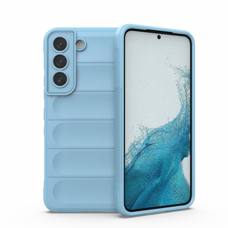 Light blue TPU phone case with raised camera cover and textured side grip