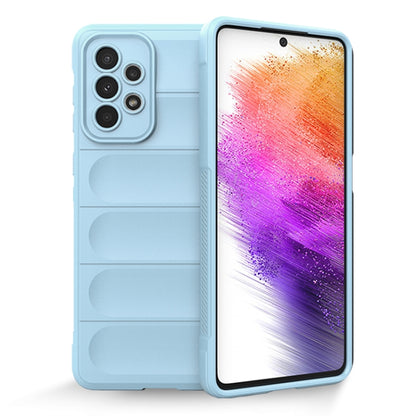 Light blue TPU and flannel phone case with raised camera cutout and grip panel inserts