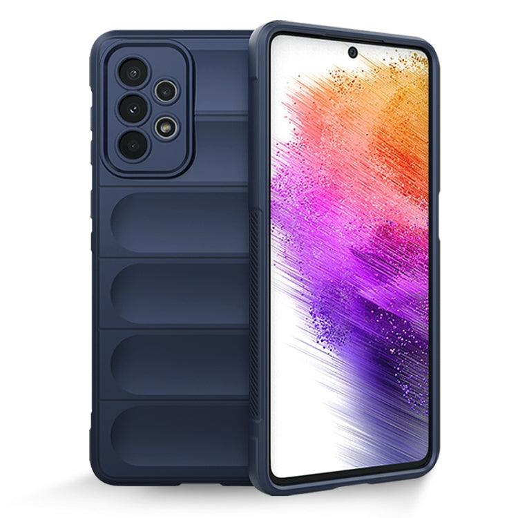 Dark blue TPU and flannel phone case with raised camera cutout and protective side grooves