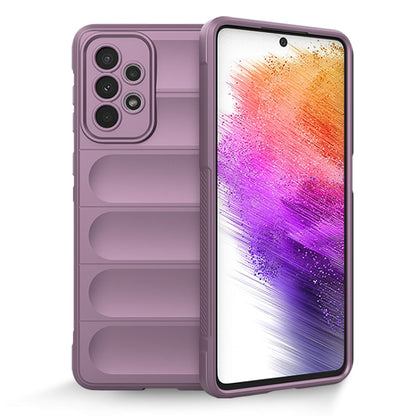 Purple TPU and flannel phone case with raised camera cutout and contoured grip panels