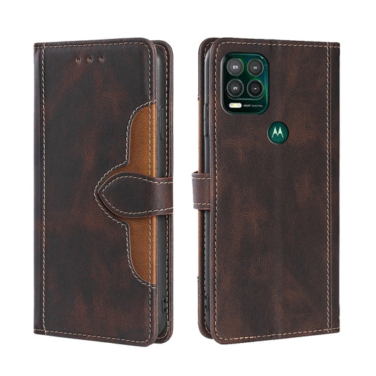 Brown PU leather flip phone case with magnetic buckle and stitched border, front flap