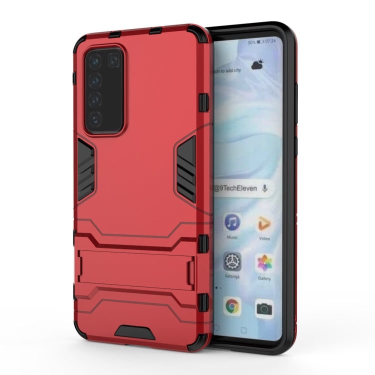 Red rugged shockproof phone case with black TPU armor, camera cutouts, and grip panels