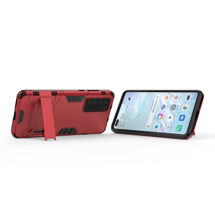 Red rugged shockproof phone case with stand/holder, showing back and front phone openings