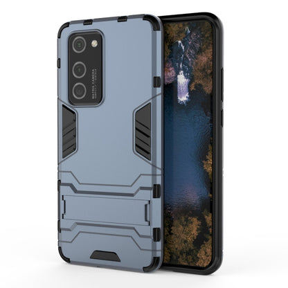 Light blue rugged shockproof phone case with black TPU accents and raised bumper corners