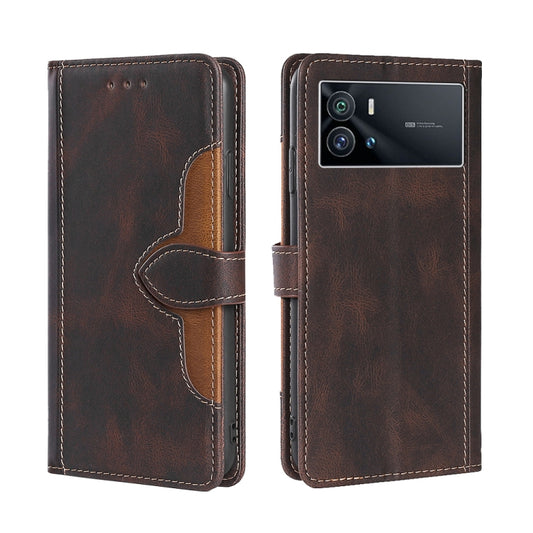 Brown PU leather horizontal flip phone case with magnetic buckle and stitched cutout