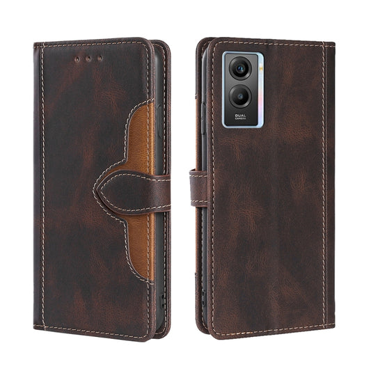 Brown PU leather horizontal flip phone case with magnetic buckle and stitched design