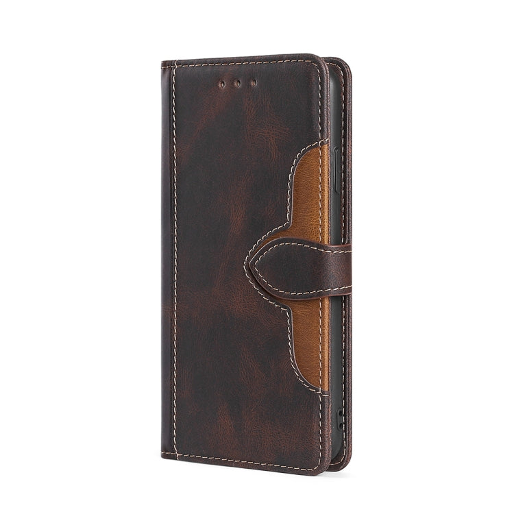 Brown PU leather flip phone case with stitched edges and magnetic strap closure