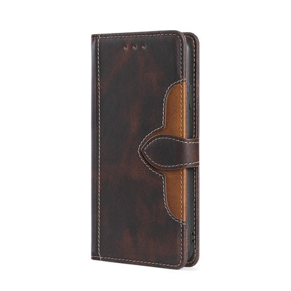 Brown PU leather flip phone case with stitched edges and magnetic strap closure