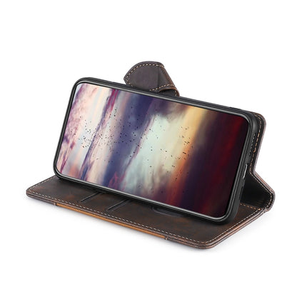 Brown PU leather flip phone case with magnetic strap and standing viewing flap
