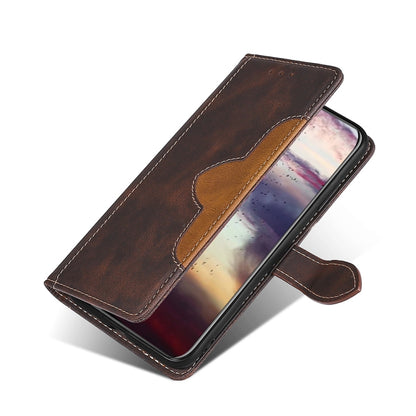 Brown PU leather horizontal flip phone case with magnetic strap and stitched panel