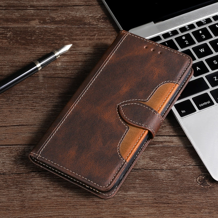 Brown PU leather flip phone case with magnetic strap, stitched edges, and card holder