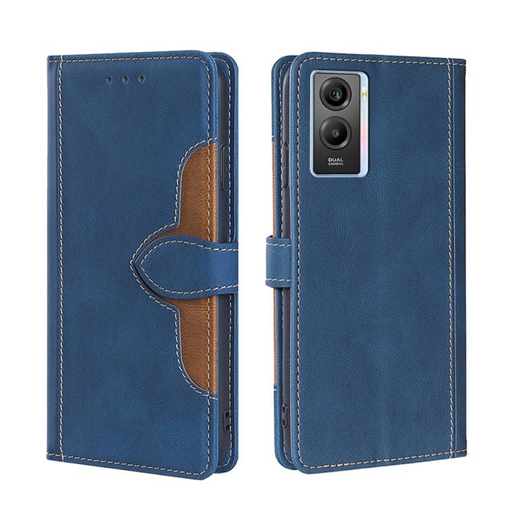 Blue PU leather horizontal flip phone case with magnetic buckle and stitched border