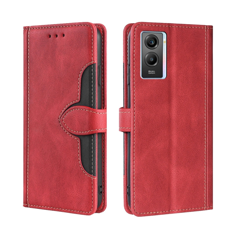 Red PU leather horizontal flip phone case with magnetic buckle and stitched design
