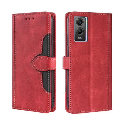 Red PU leather horizontal flip phone case with magnetic buckle and stitched design
