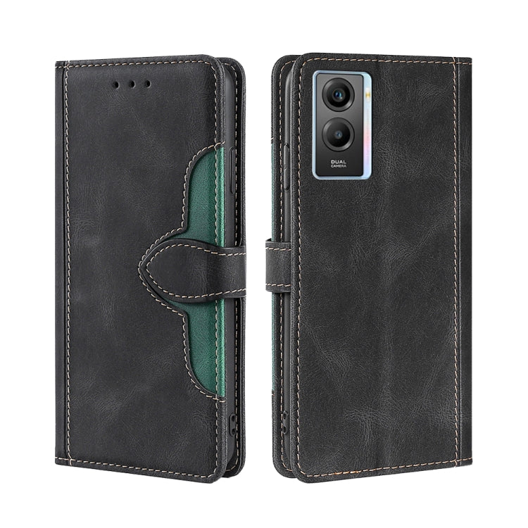 Black PU leather horizontal flip phone case with magnetic buckle and green accent stitching