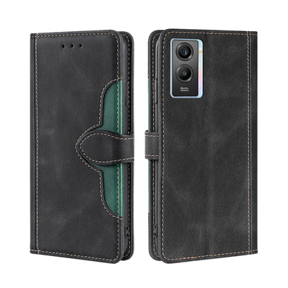 Black PU leather horizontal flip phone case with magnetic buckle and green accent stitching
