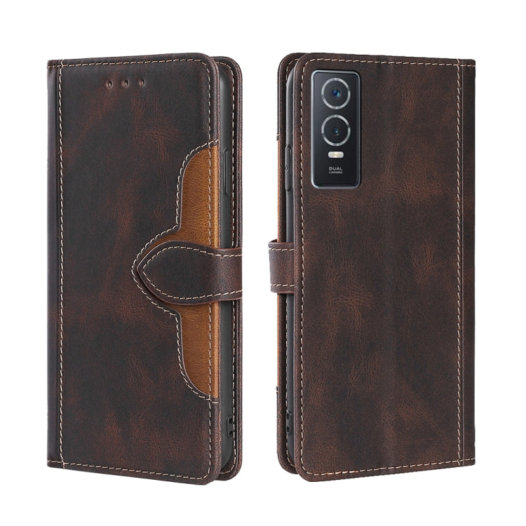 Brown PU leather flip phone case with magnetic buckle and stitched card slot