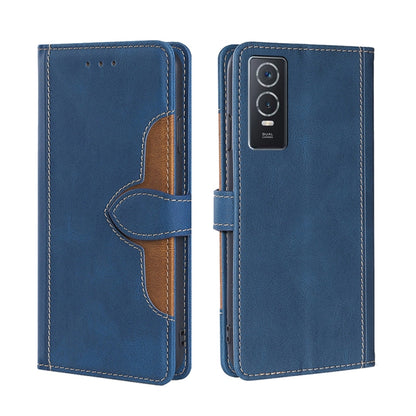 Blue PU leather flip phone case with magnetic buckle and stitched card slot