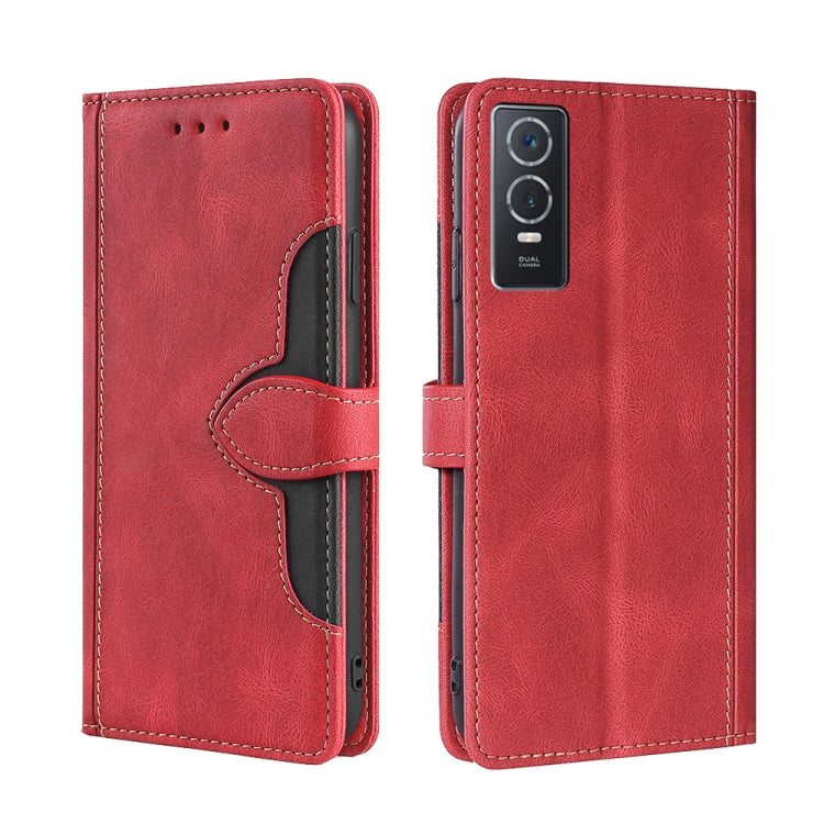 Red PU leather flip phone case with magnetic buckle and stitched card slot