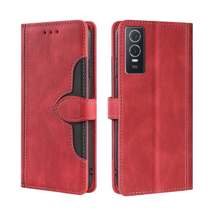 Red PU leather flip phone case with magnetic buckle and stitched card slot