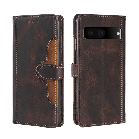 Brown PU leather flip phone case with magnetic buckle and stitched design, camera cutout