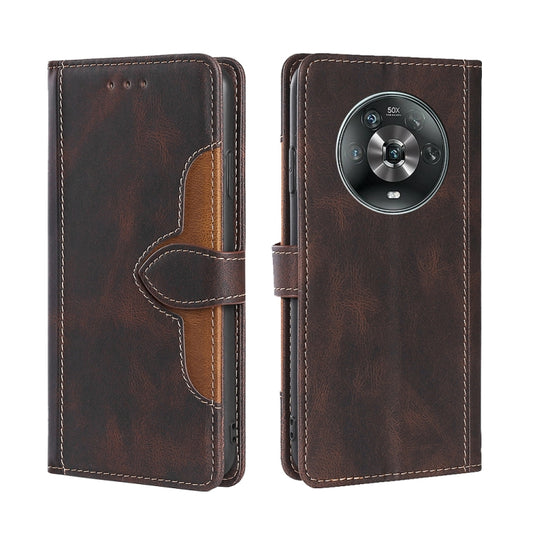Brown PU leather flip phone case with magnetic buckle strap and stitched trim