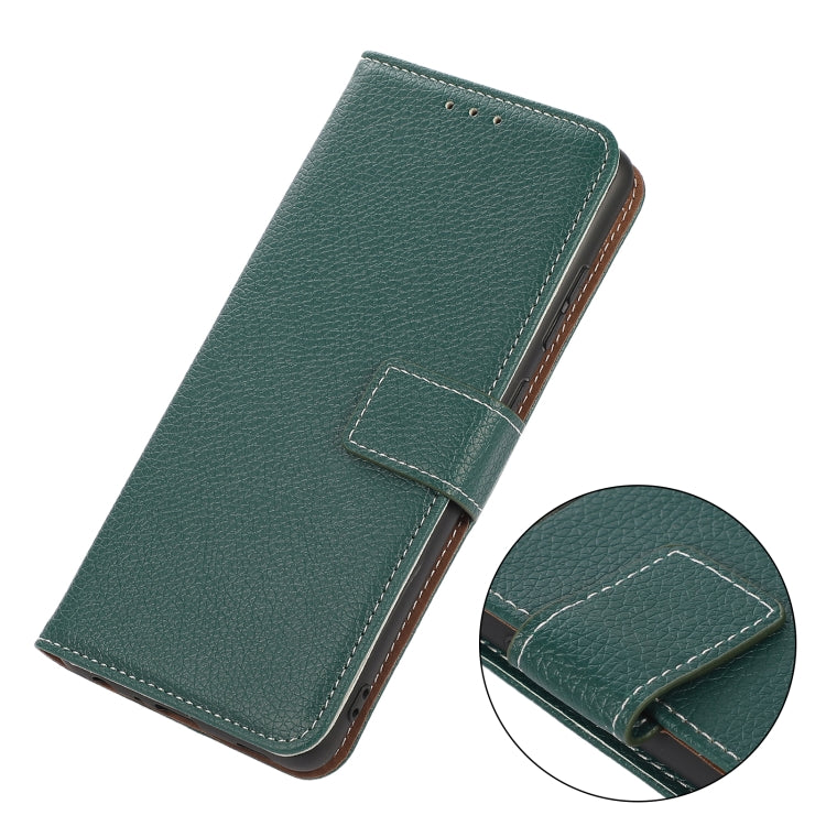 Green litchi-texture flip phone case with strap and stitched edges