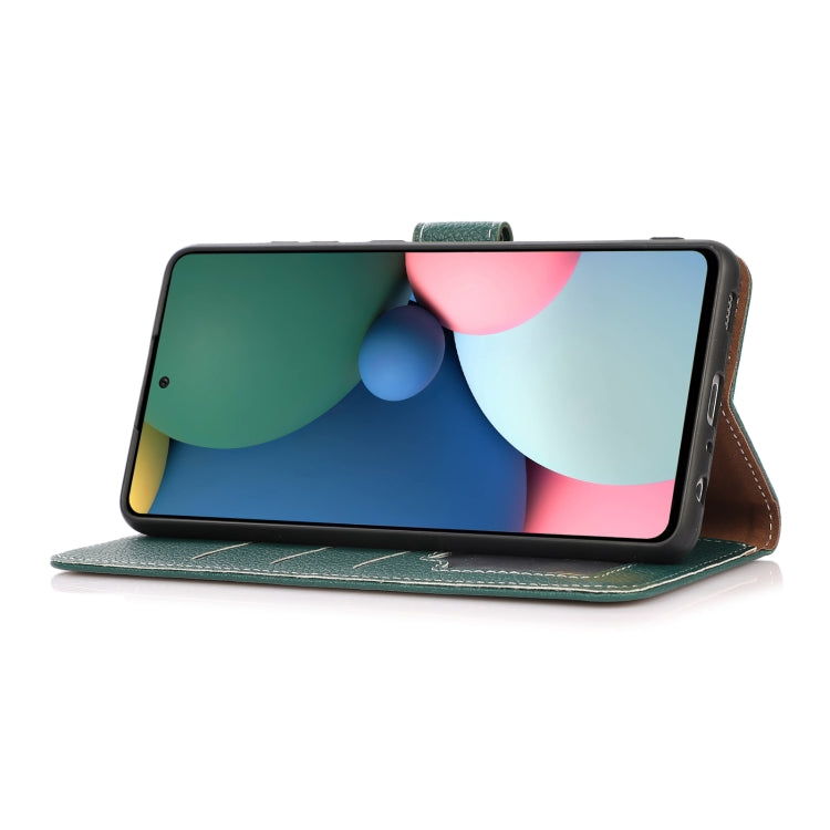 Green litchi-texture flip case with phone in landscape stand view