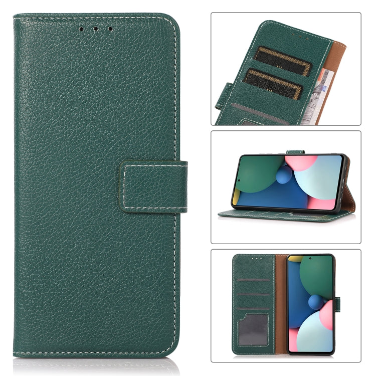 Green leather flip phone case with card slots and horizontal stand for touchscreen protection