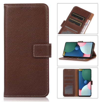 Brown leather flip phone case with card slots and horizontal stand for touchscreen protection