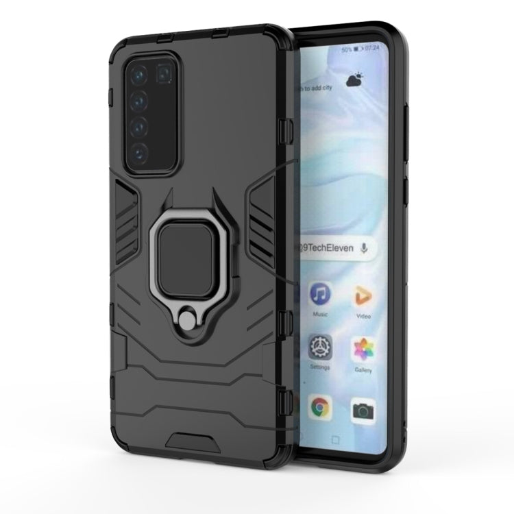 Black shockproof phone case with magnetic ring holder, rugged TPU PC design