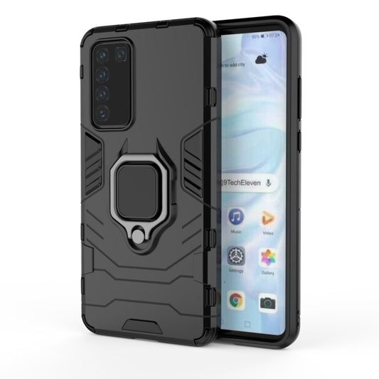 Black shockproof phone case with magnetic ring holder, rugged TPU PC design
