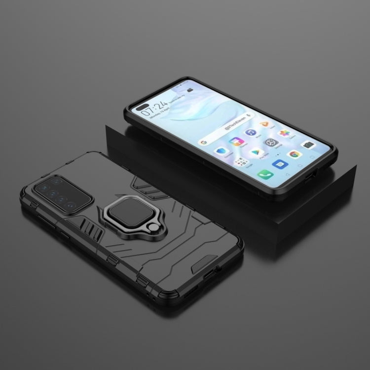 Black rugged shockproof phone case with magnetic ring holder, shown open and closed