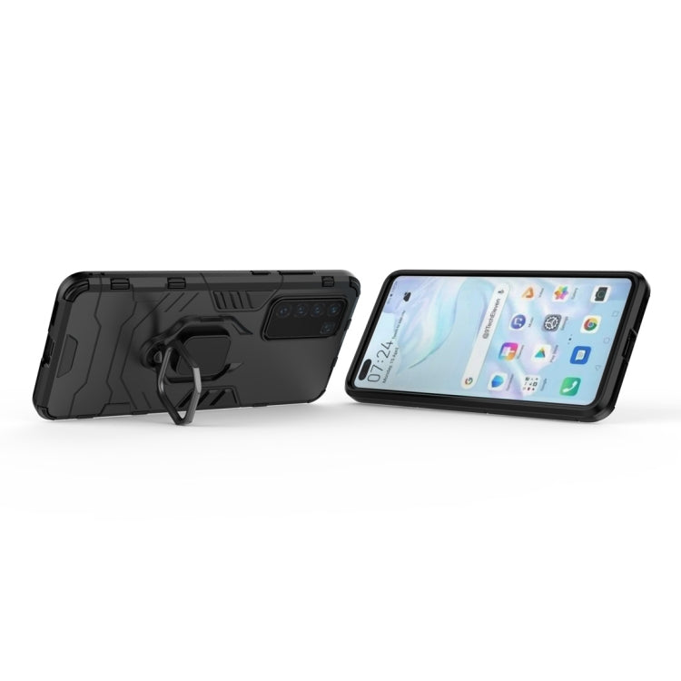 Black shockproof phone case with magnetic ring holder, front and back view