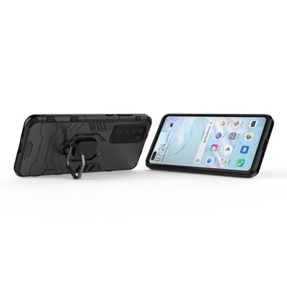 Black shockproof phone case with magnetic ring holder, front and back view