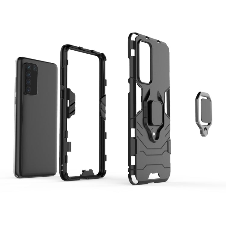 Black rugged shockproof phone case parts with magnetic ring holder, side and back pieces