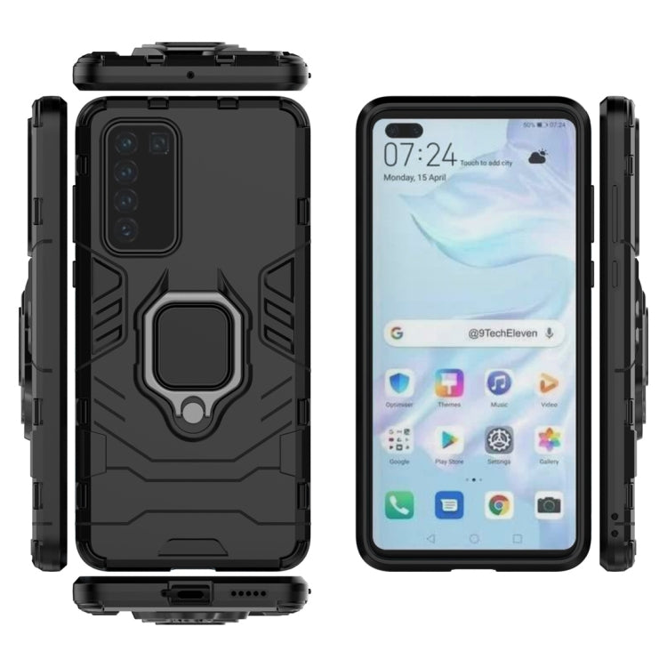 Black shockproof phone case with magnetic ring holder, front, back, and side ports