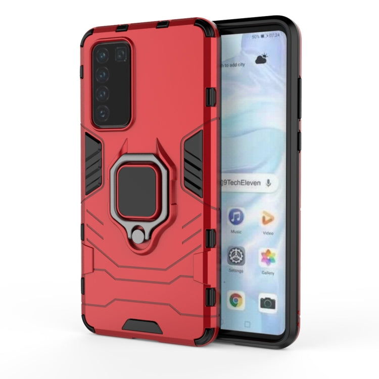 Red shockproof phone case with magnetic ring holder, rugged TPU PC protection