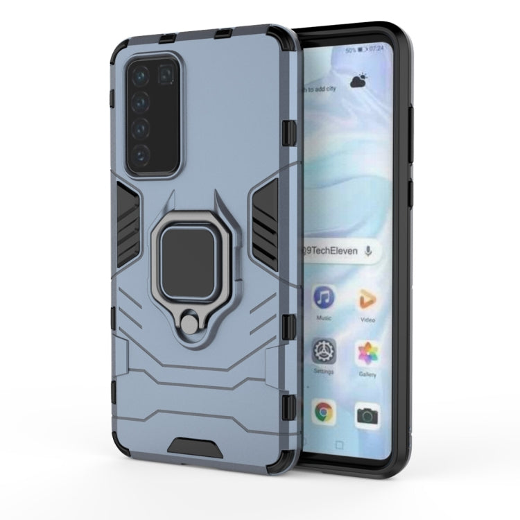 Light gray shockproof phone case with magnetic ring holder, front and back