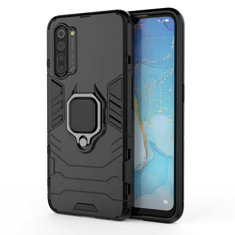 Black shockproof phone case with magnetic ring holder, protective back and raised edges