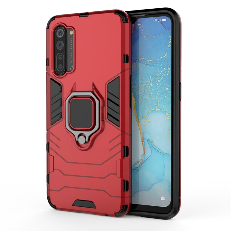 Red shockproof phone case with magnetic ring holder, front and back view