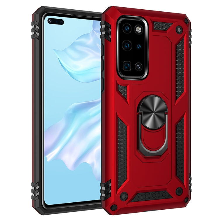 Red rugged protective phone case with rotating metal kickstand ring and textured grips