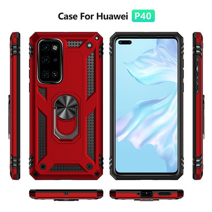 Red rugged protective phone case with rotating metal kickstand ring and side buttons cutouts