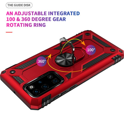 Red rugged phone case with rotating metal ring kickstand and camera protection corners