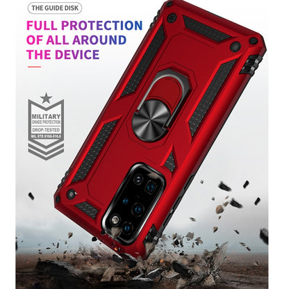 Red rugged shockproof phone case with rotating metal kickstand ring and textured shock guards