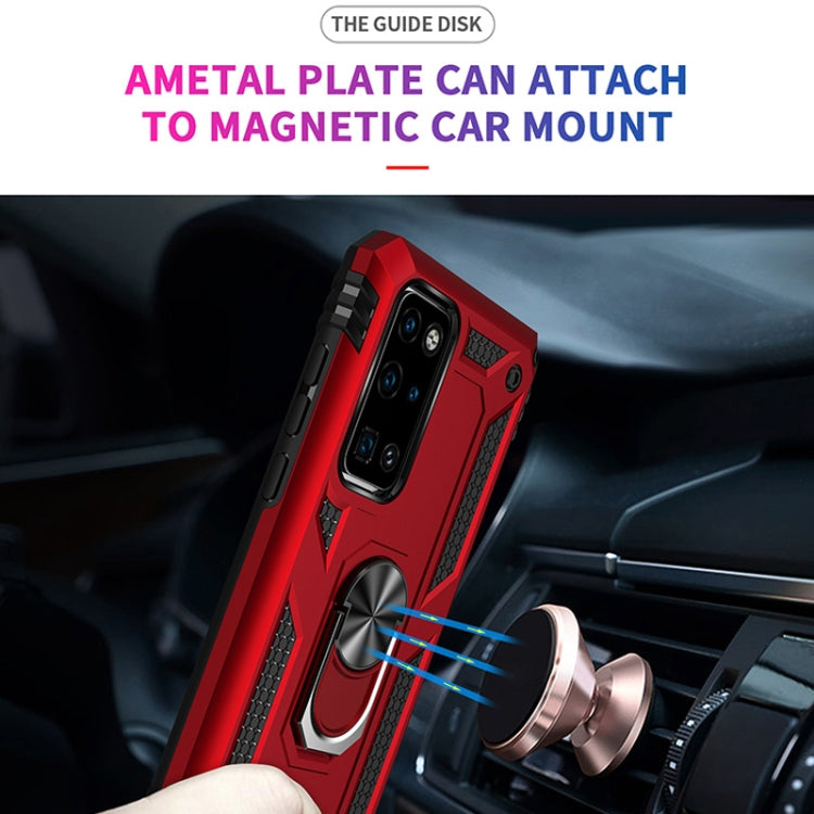 Red rugged phone case with rotating metal kickstand ring on a magnetic car mount plate