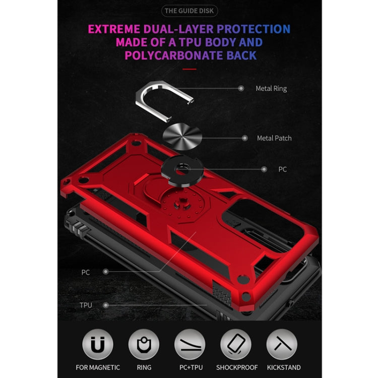Red rugged dual-layer phone case with metal ring kickstand and protective TPU and PC shell