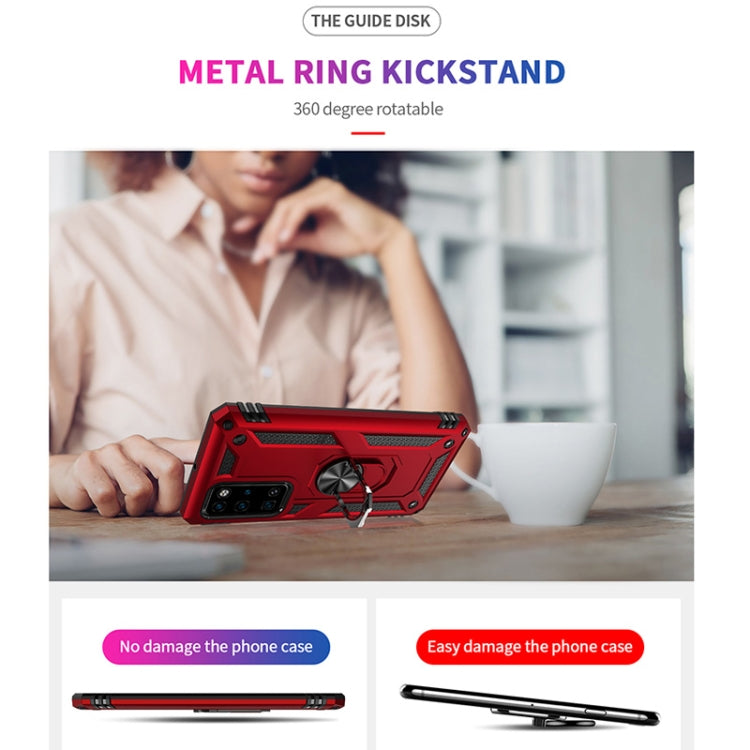 Red rugged phone case with rotating metal kickstand ring for portrait and landscape viewing