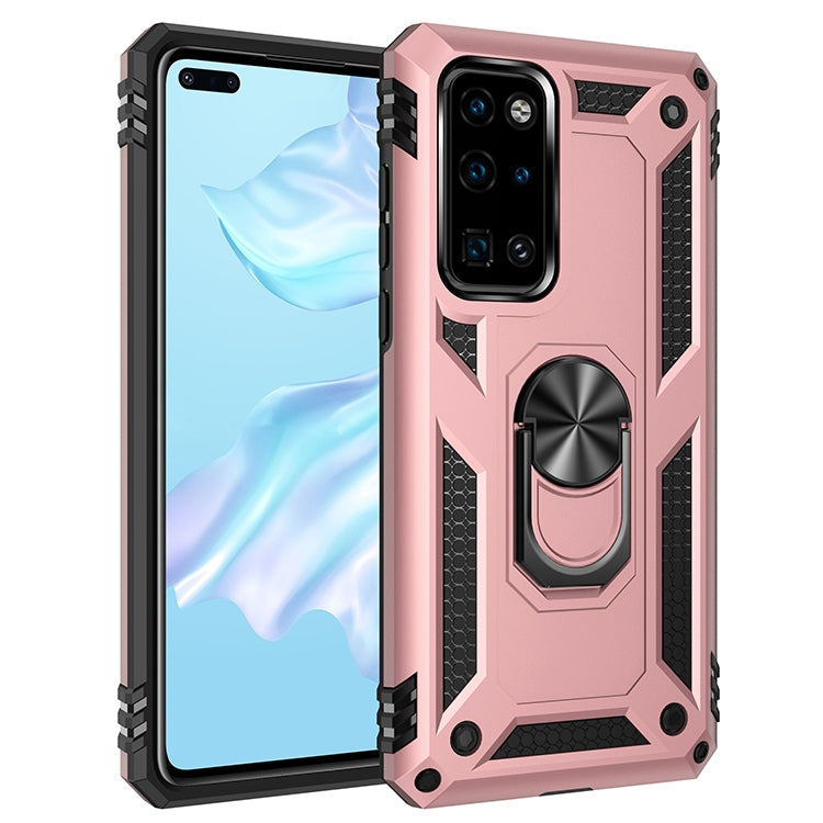 Rose gold rugged shockproof phone case with rotating metal kickstand ring and textured edges